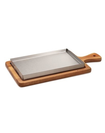 P29610 LLAUNA INOX 22X14X2 CM. + BANDEJA MADERA 34X18X3 CM.